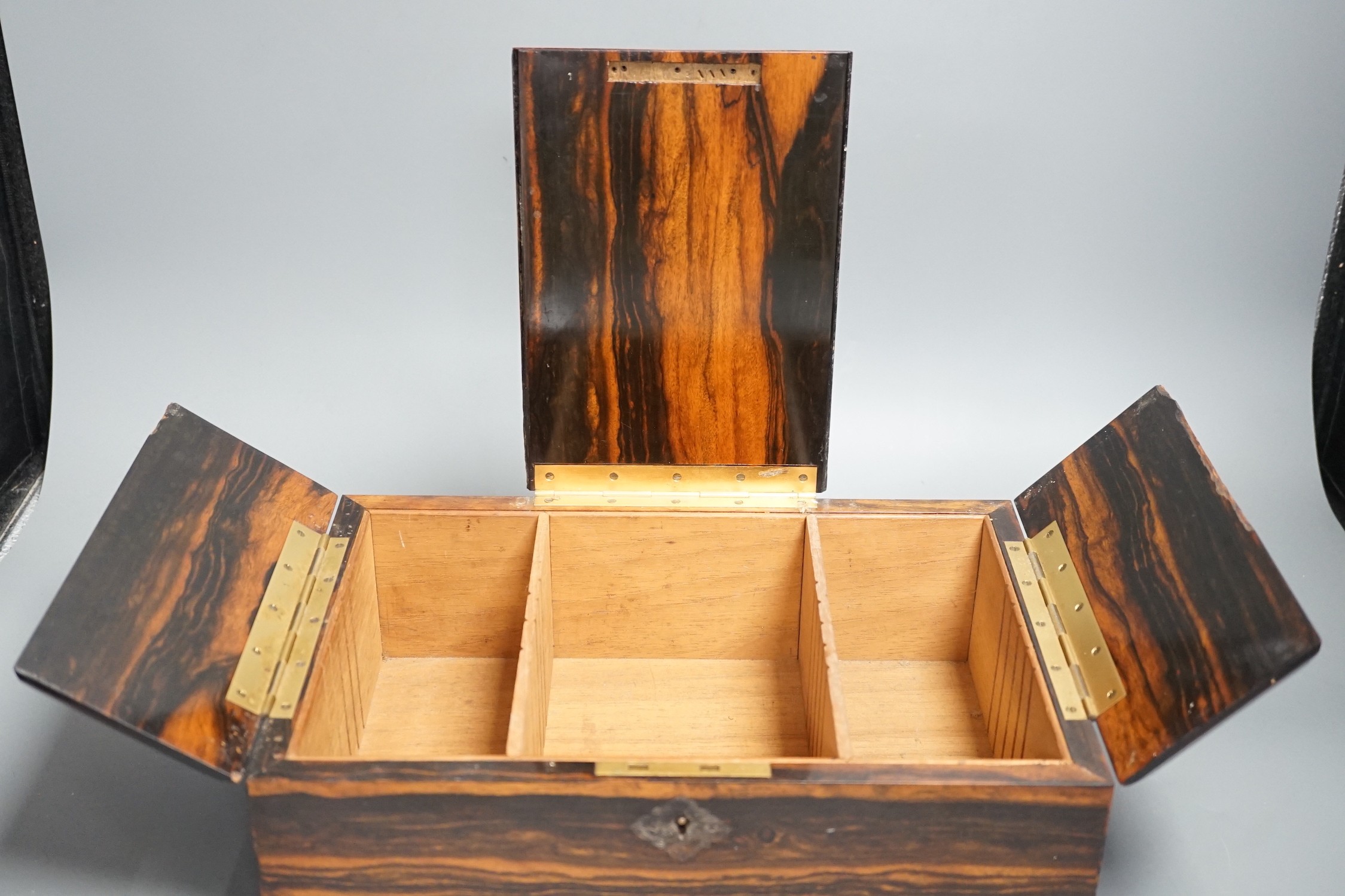 A Victorian calamander veneered humidor / three divisional caddy together with a small barometer and bulkhead clock (3), humidor 31cms wide